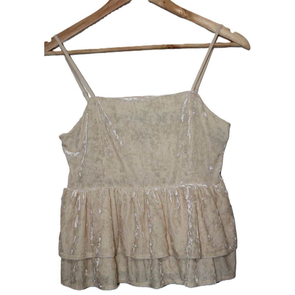NWOT American Eagle Cream Velvet Spaghetti Strap Ruffled Hem Tank Top Size S